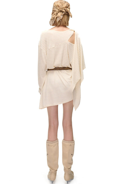 Multi-Wear Layered Waffle Off-Shoulder Ribbon Irregular Dress