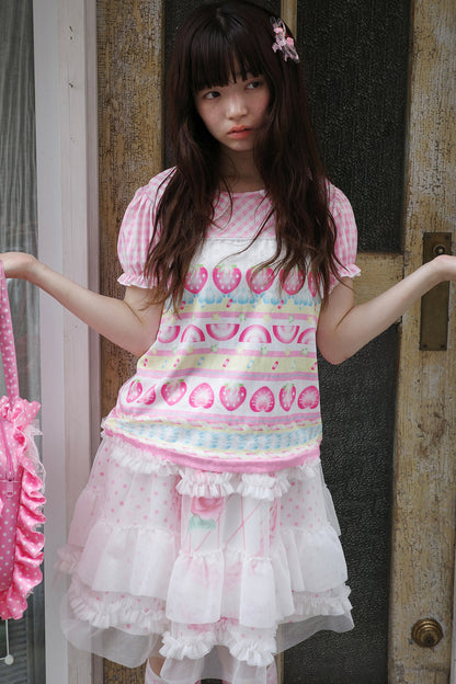 Double-Layer Double-Sided Cake Print White Gauze Skirt