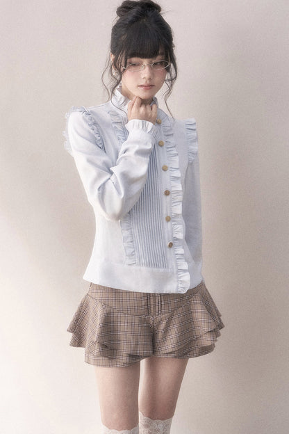 Pleated Lace Ruffle Asymmetrical Long-Sleeved Shirt