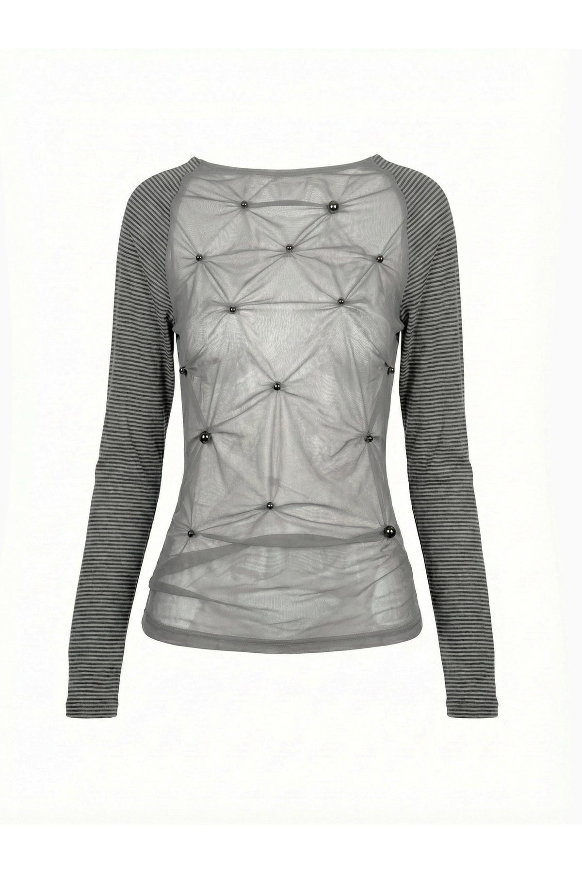 Studded Striped Long-Sleeve Sheer Mesh T-shirt