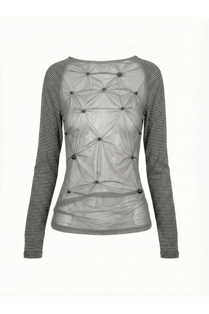 Studded Striped Long-Sleeve Sheer Mesh T-shirt