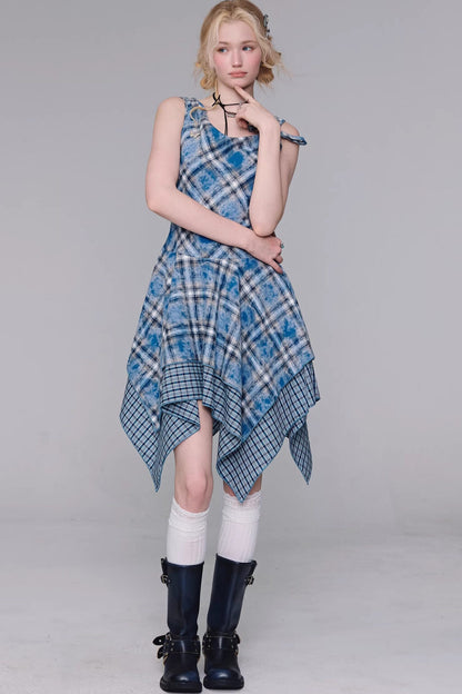 Irregular Blue Plaid Camisole Dress
