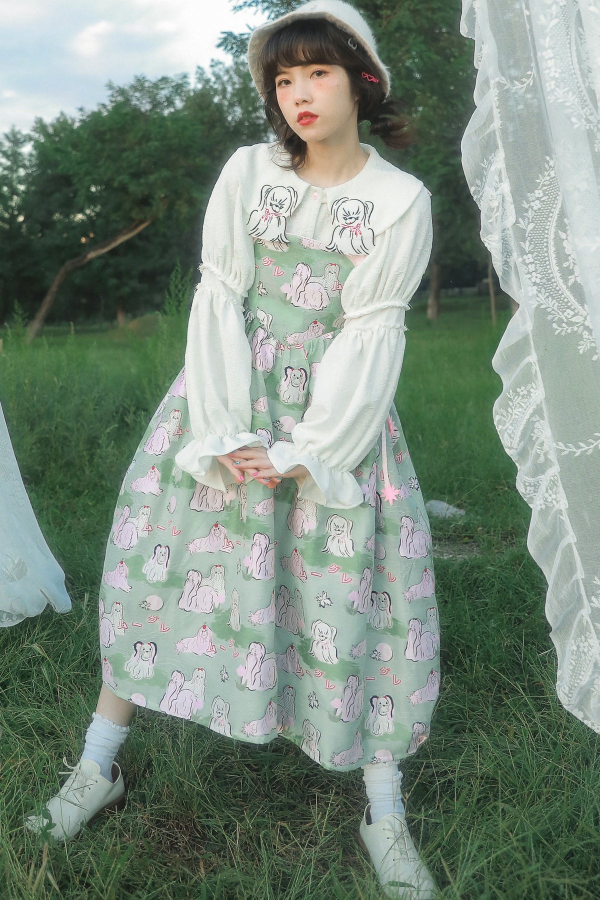 Dog Embroidered Plaid Puff Sleeve Shirt