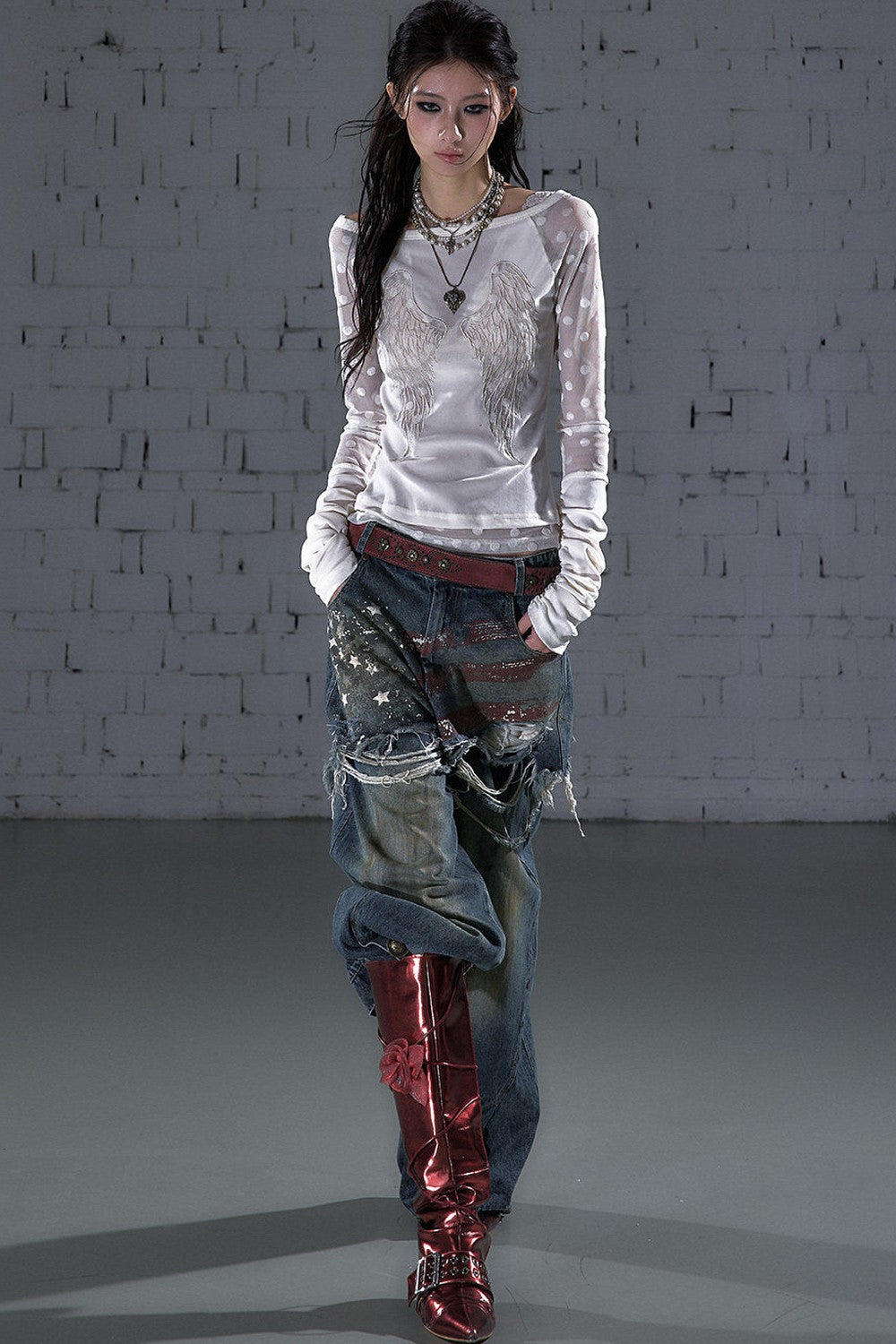 Baroque Flocked Wing Embroidered Blouse