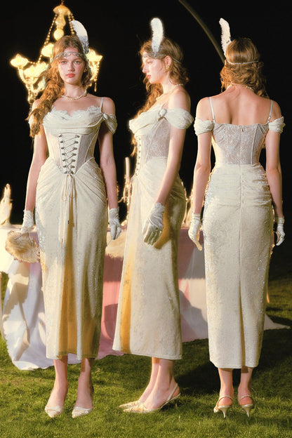 White Velvet Fishbone Corset Dress