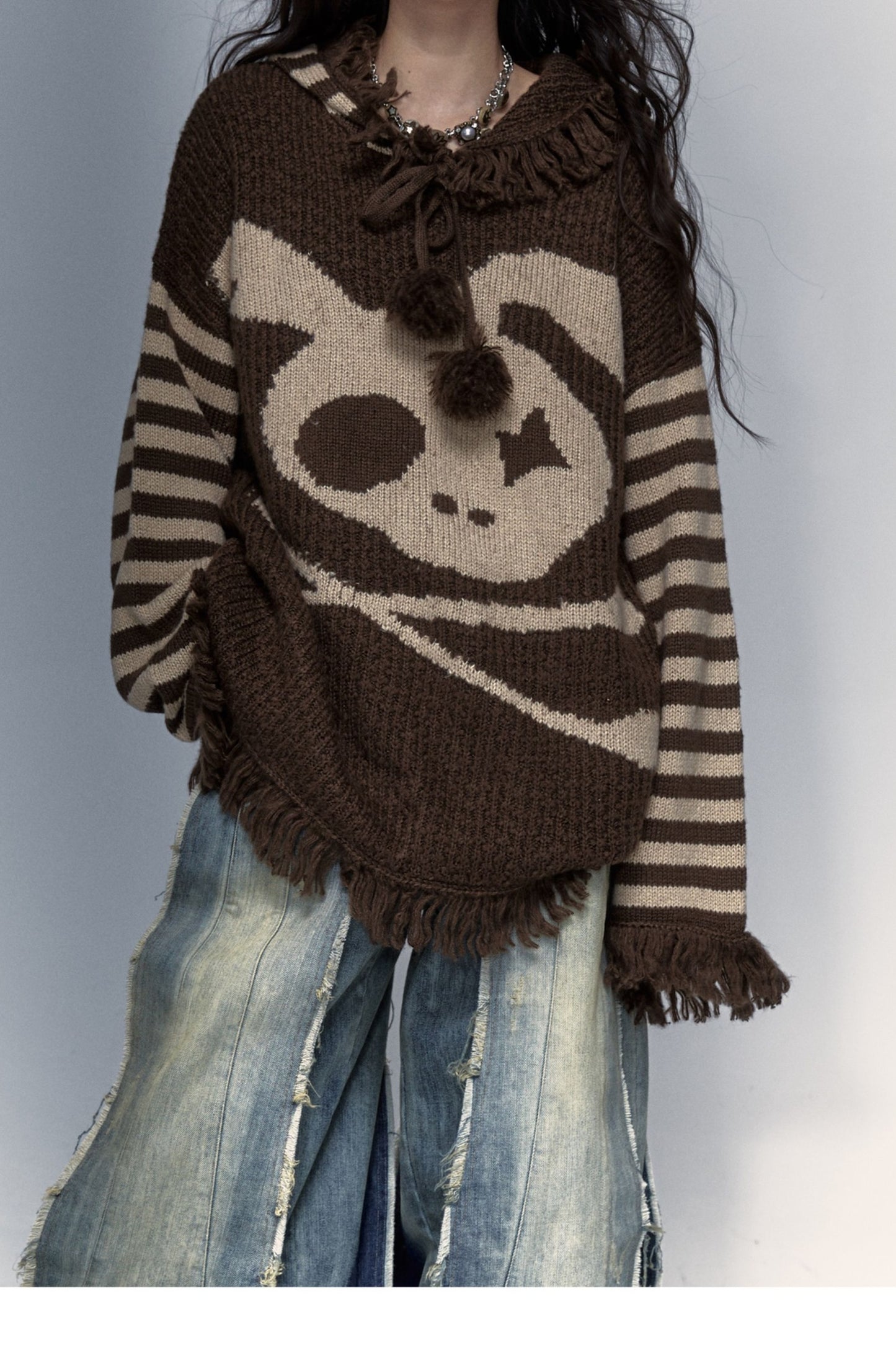 Skull Rabbit Hooded Knit Blouse