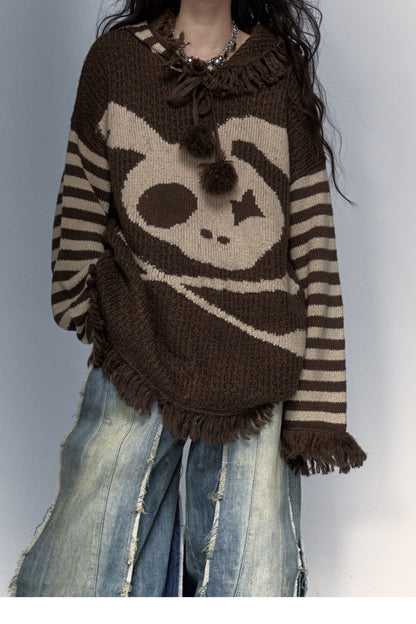 Skull Rabbit Hooded Knit Blouse