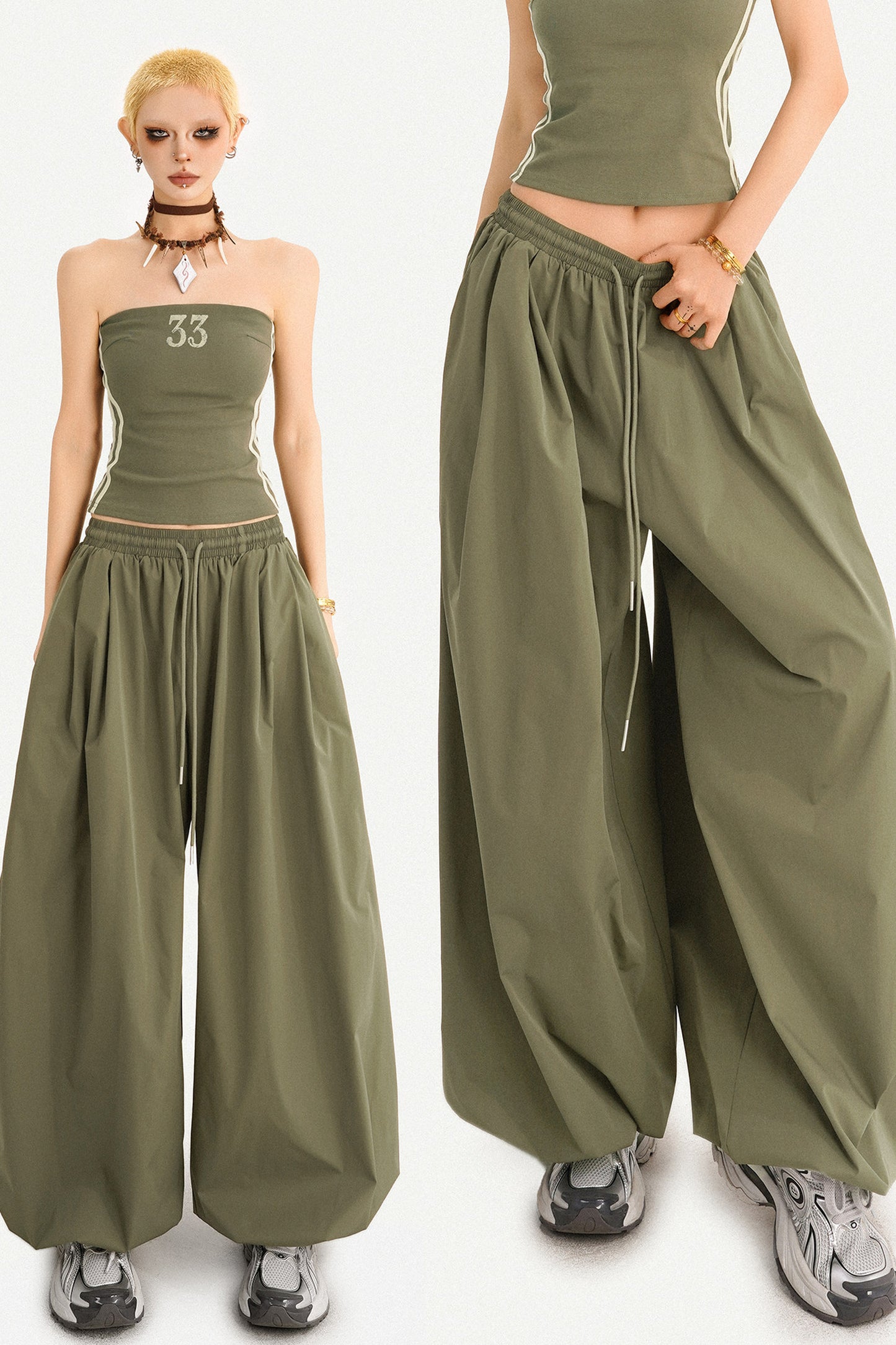 Pantaloni harem verde militare