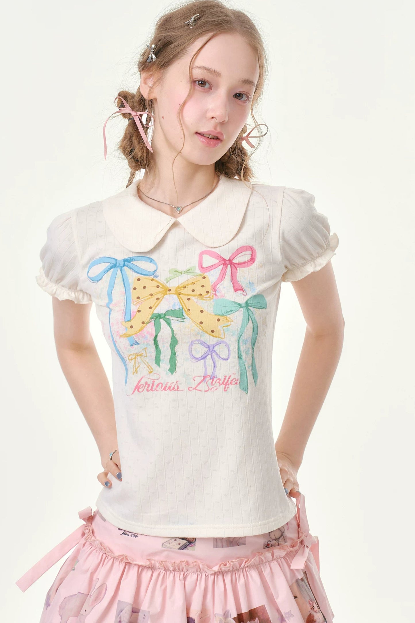 White Floral Bow Puff Sleeve T-Shirt