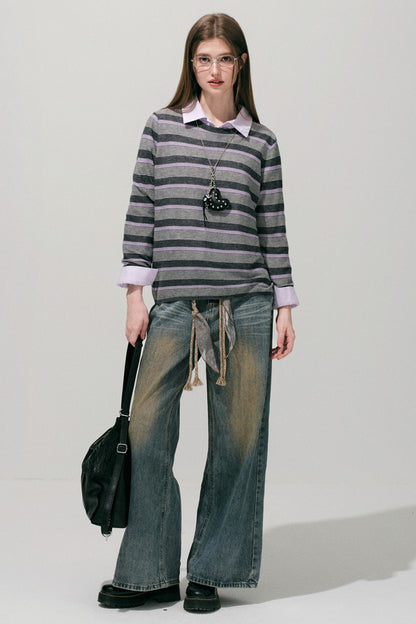 Loose Wide Leg Woven Belt Jeans