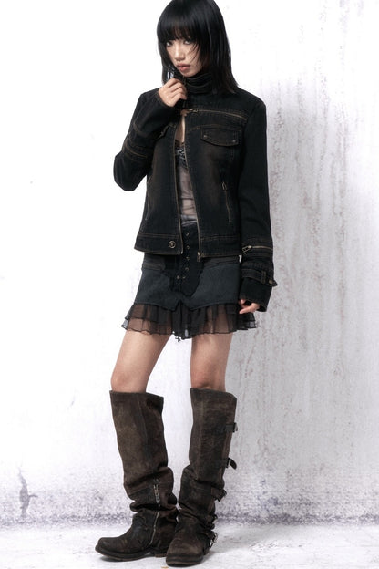 Washed Distressed Cross-Zipper Quilted Denim Jacket
