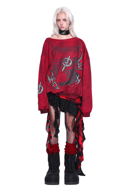 3D Embroidery Off-Shoulder Distressed Print Sweatshirt