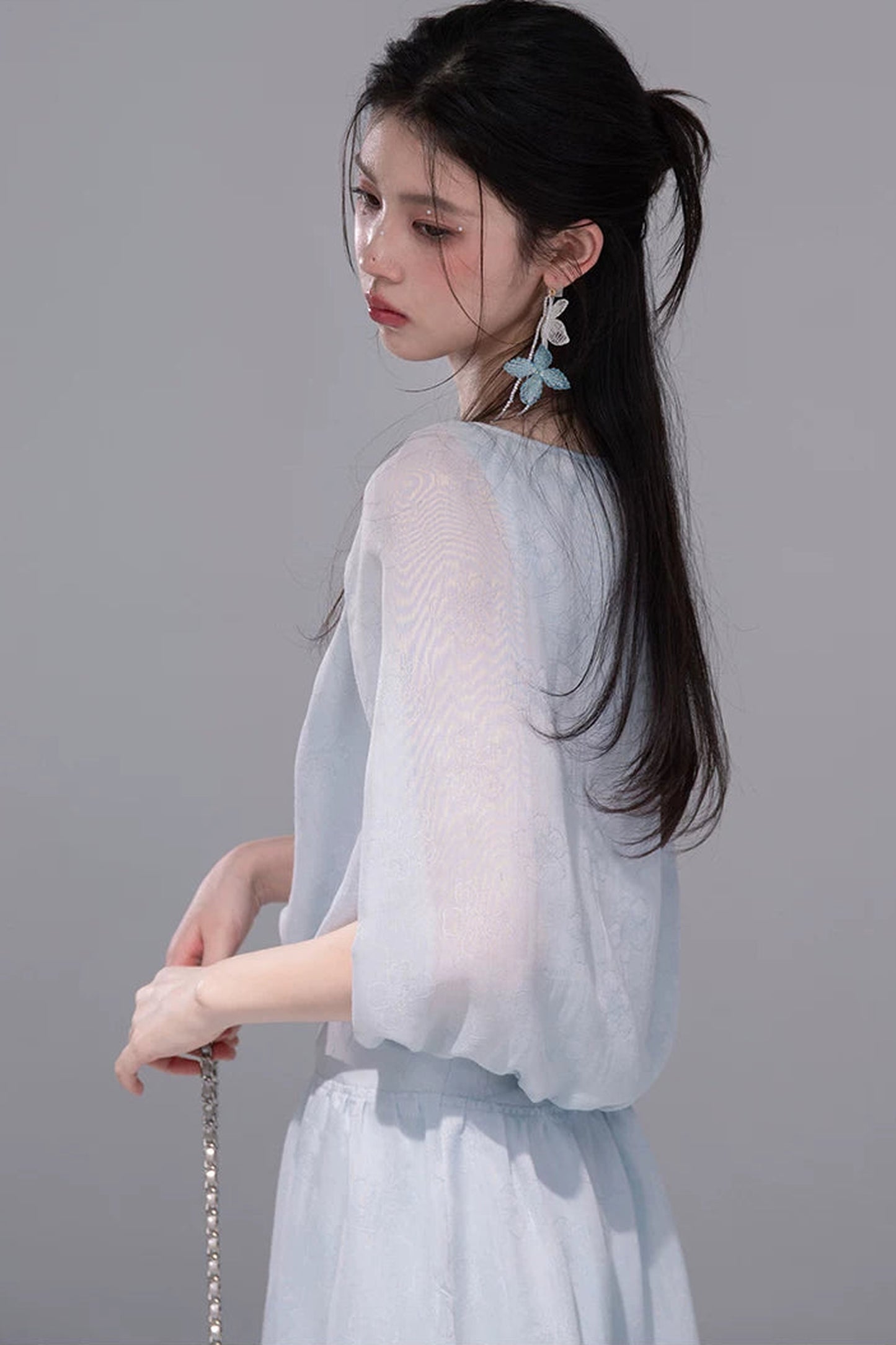 Elegant Ice Blue Linen Cape Set
