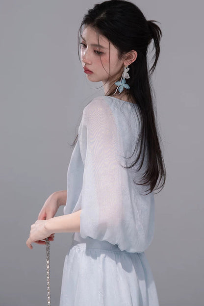 Elegant Ice Blue Linen Cape Set