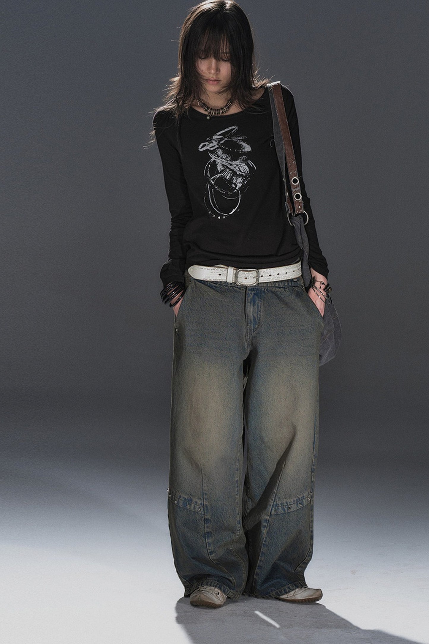 Waist Rivet Split Wide-Leg Denim Jeans