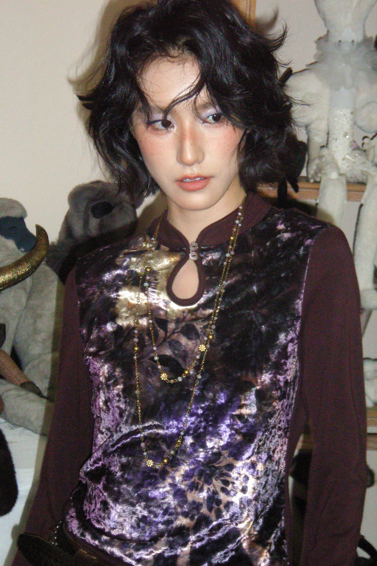 Mandarin Collar Velvet Long-Sleeve T-Shirt