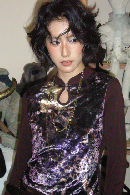 Mandarin Collar Velvet Long-Sleeve T-Shirt