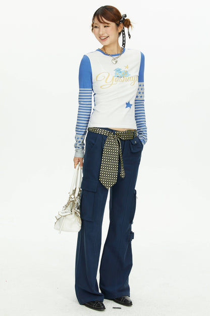 Navy Blue Multi-Pocket Wide-Leg Pants