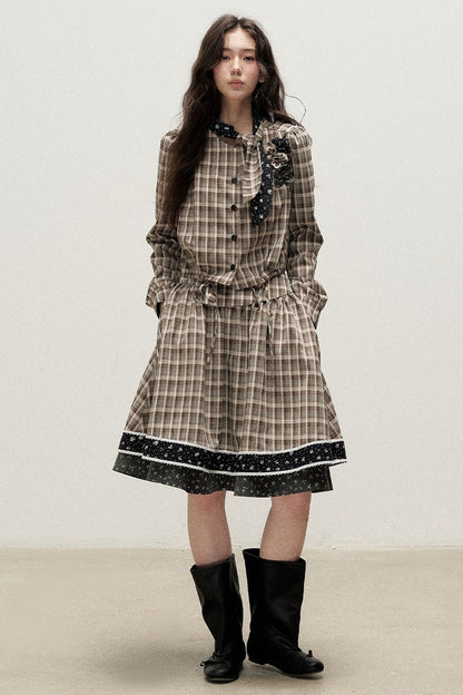 Plaid Contrast Ribbon Shirt and Skirt Set-Up