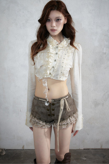 Asymmetric Polka Dot Striped Lace Shirt