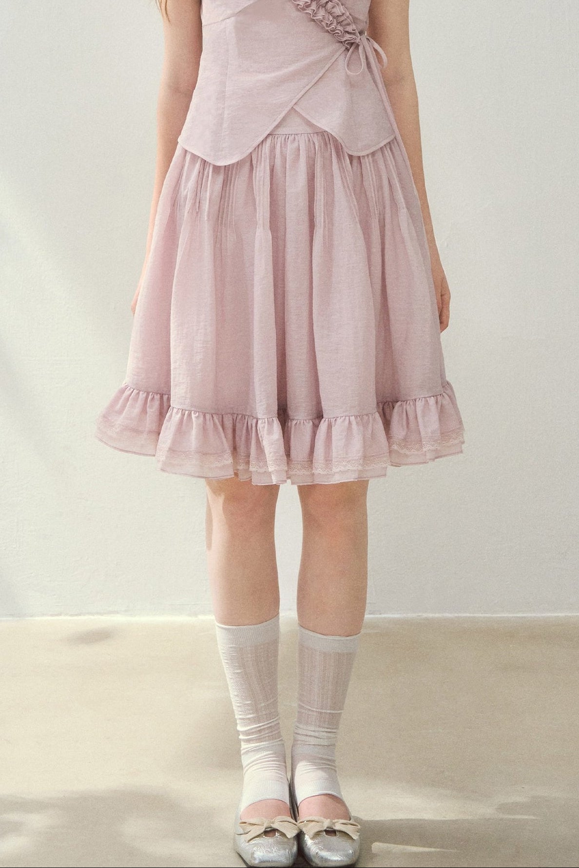 Purple Ruffle Trim Blouse and Tiered Skirt Set
