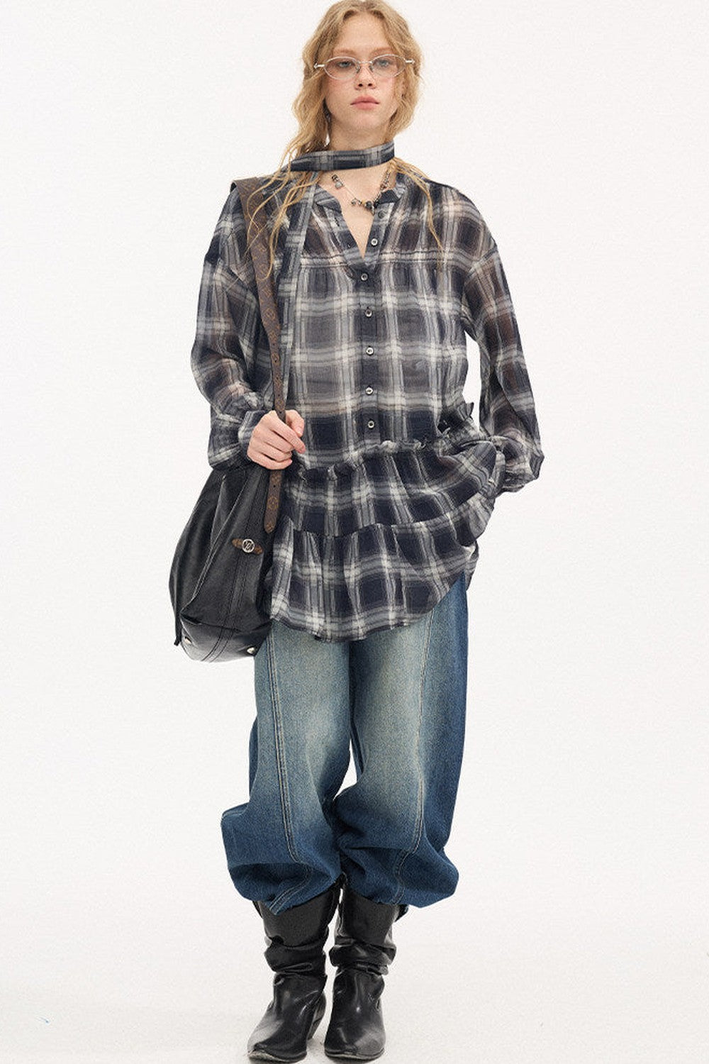 Drop Shoulder Plaid Blouse