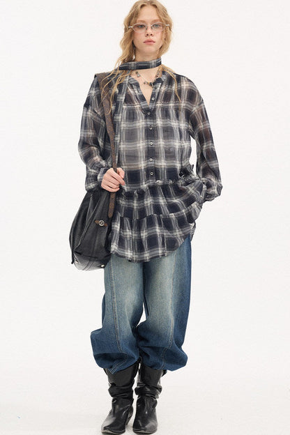 Drop Shoulder Plaid Blouse