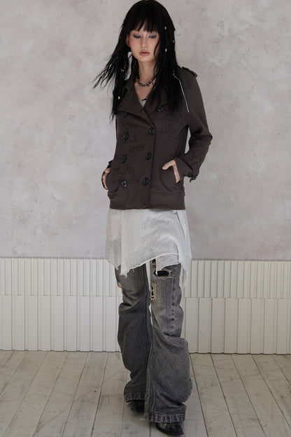 Trench Style Printed Unhemmed Double-Breasted Jacket