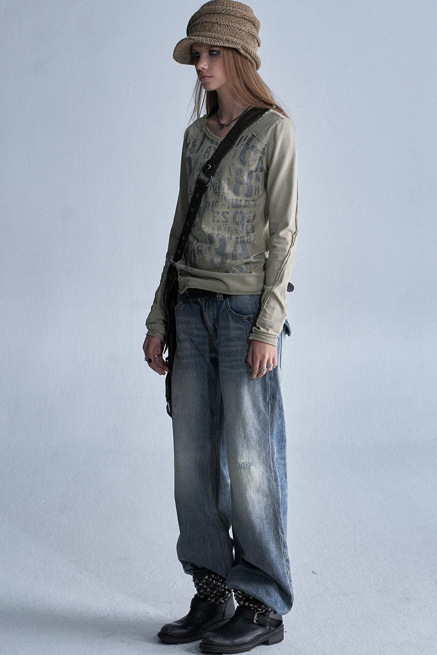 Asymmetrical Frayed All-Over Print Long-Sleeve T-Shirt