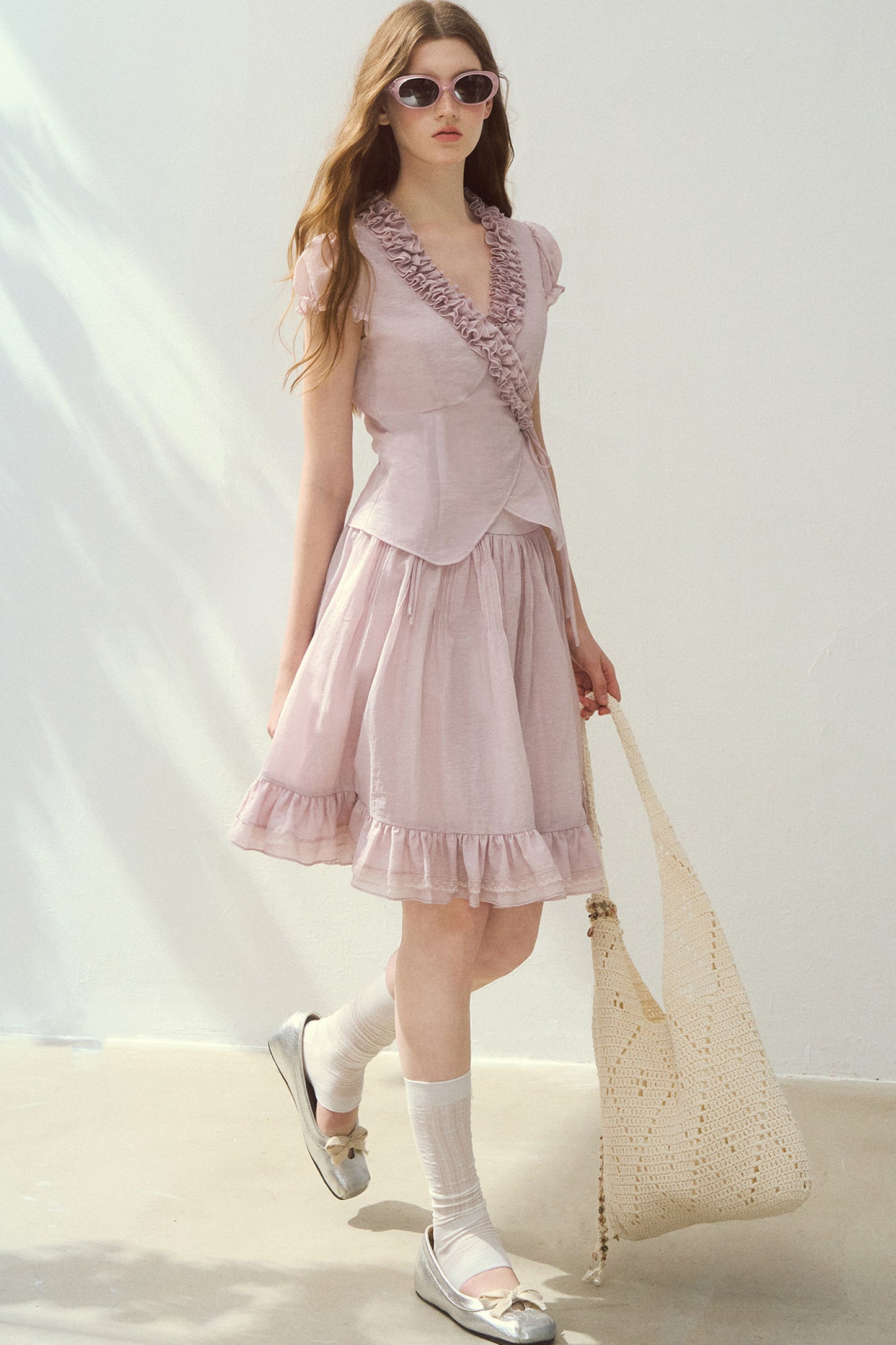 Purple Ruffle Trim Blouse and Tiered Skirt Set