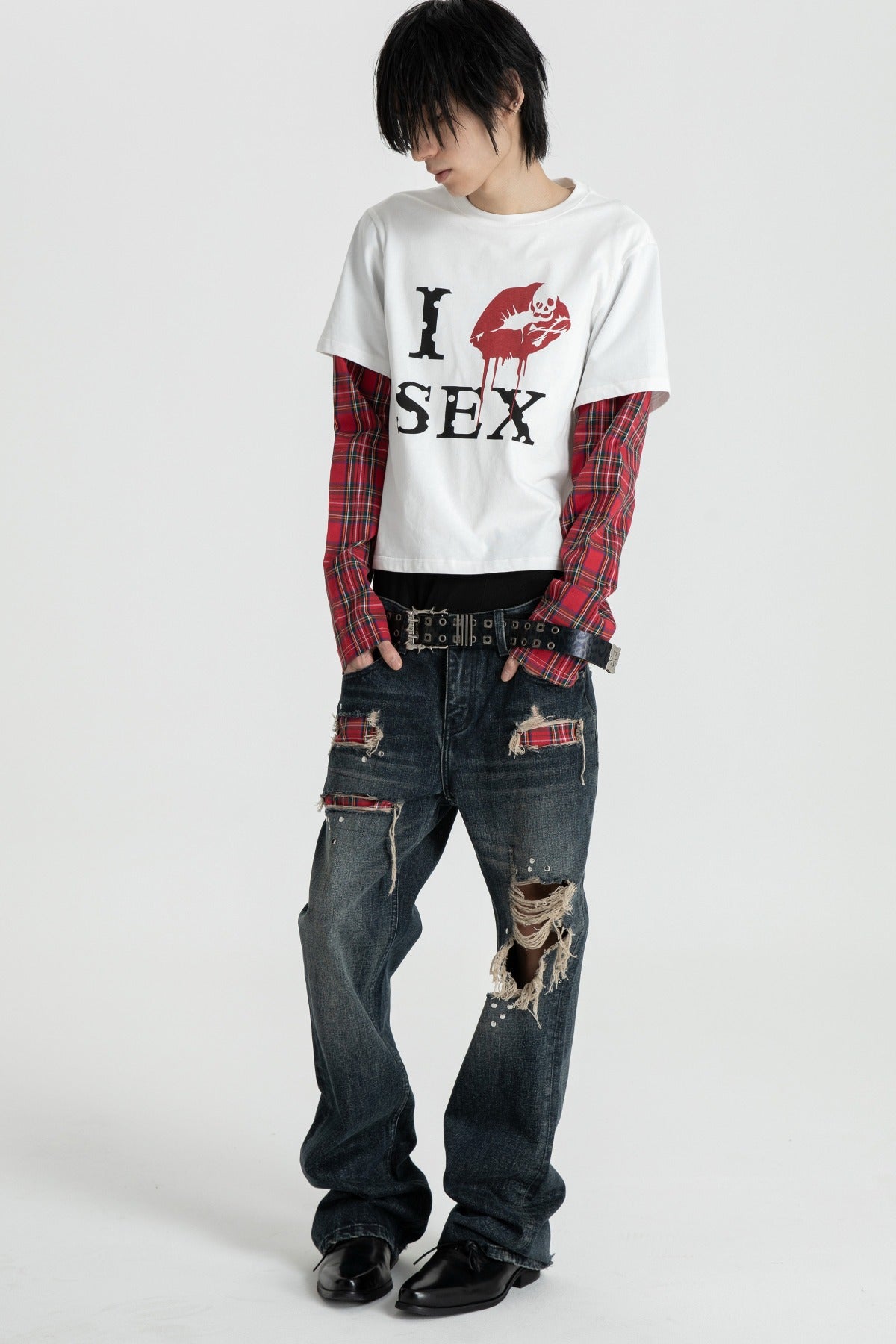 Red Checkered Patchwork Long Sleeve T-Shirt