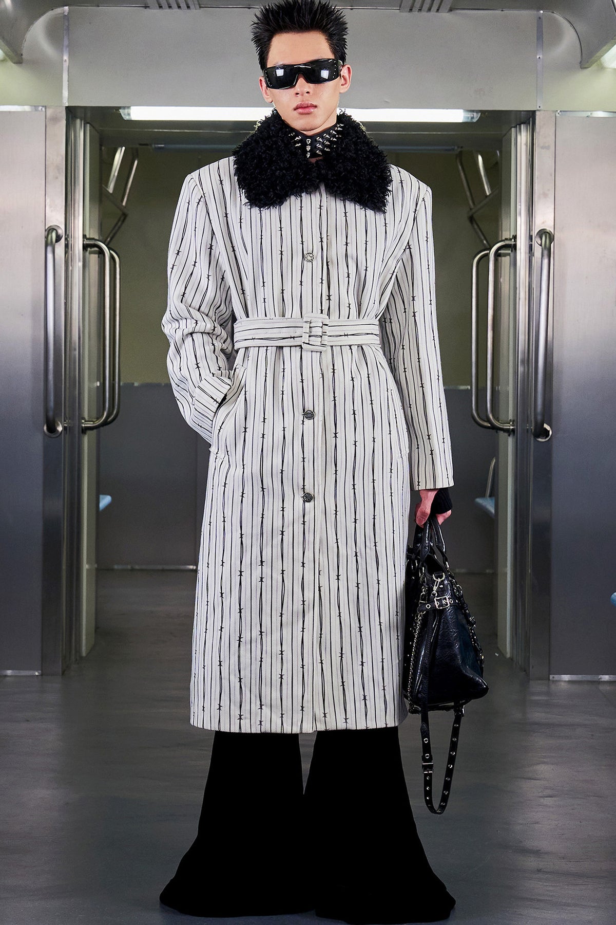 Patchwork Stripe Fur Collar Coat