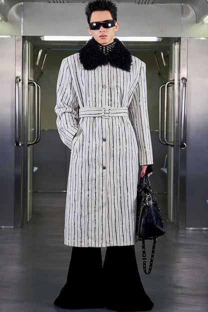 Patchwork Stripe Fur Collar Coat
