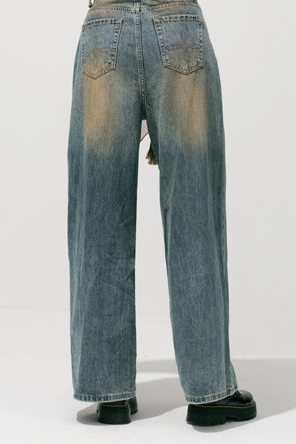 Loose Wide Leg Woven Belt Jeans