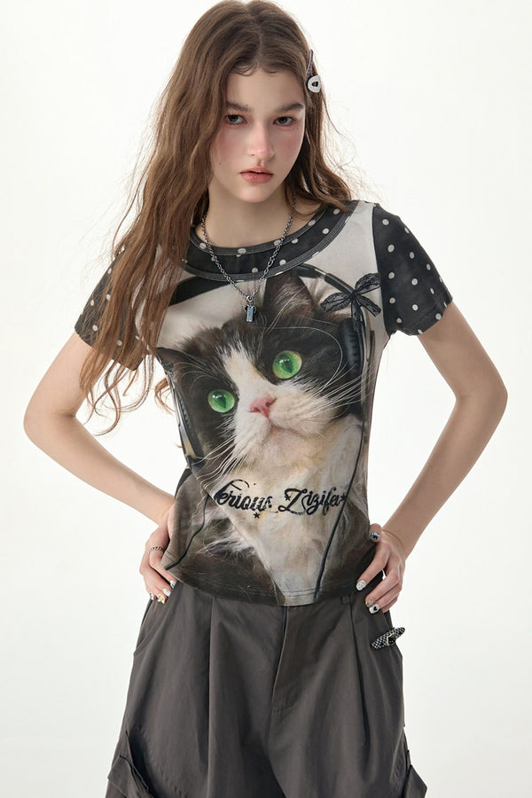Cat Headphones Polka Dot T-Shirt