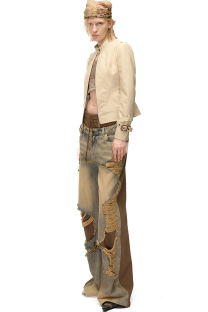 Slim-Fitting Functional Spliced PU Leather Jacket
