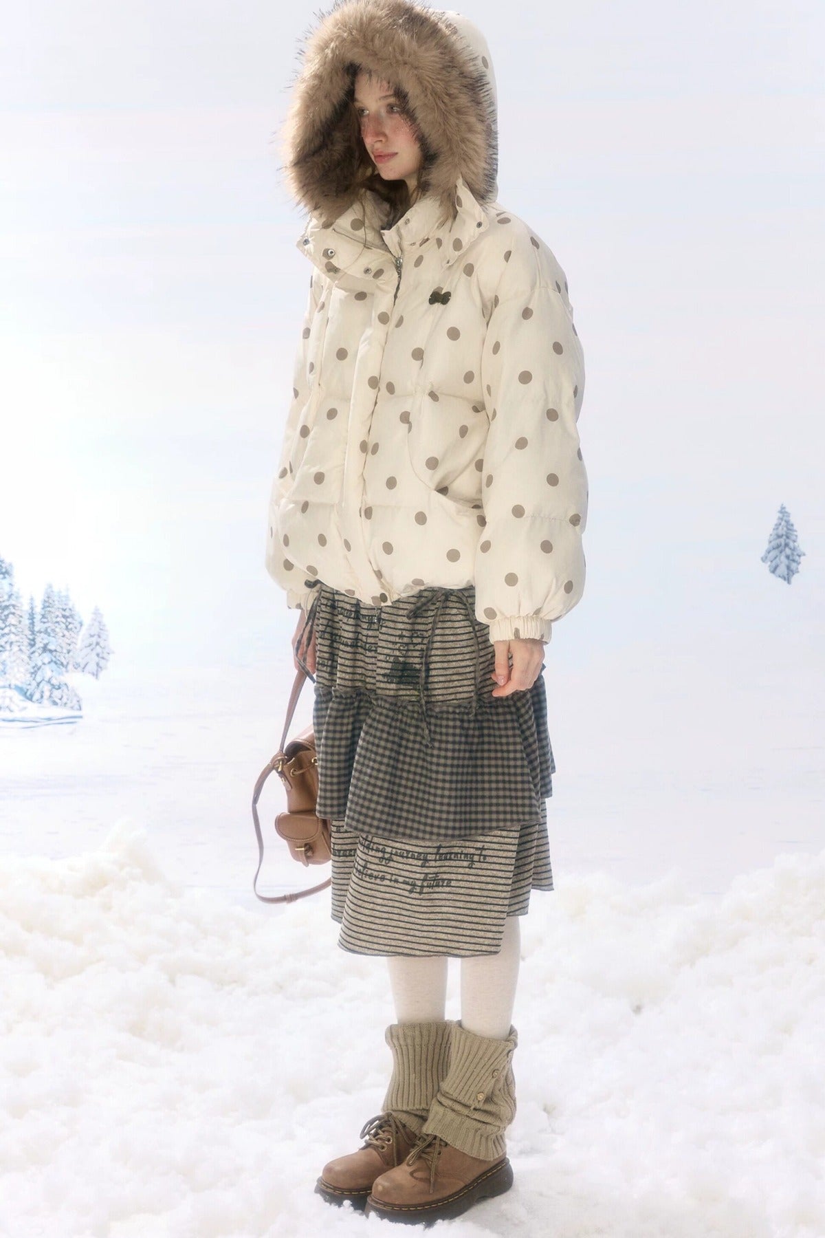Polka Dot Fur Collar Hooded Down Jacket