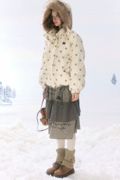 Polka Dot Fur Collar Hooded Down Jacket