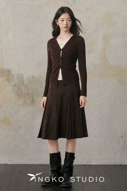 Retro Suede Pleated Skirt