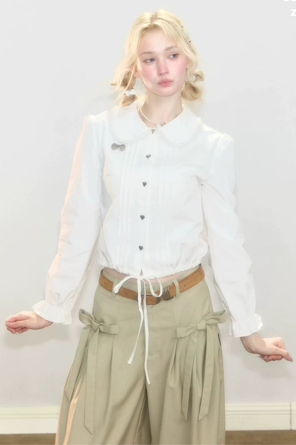 Tassel Doll Collar Puff Sleeve Shirt