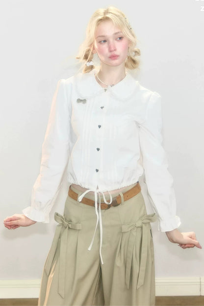 Tassel Doll Collar Puff Sleeve Shirt