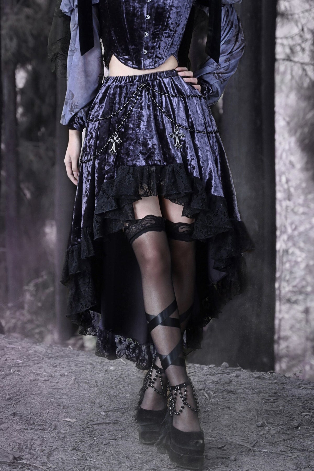 Gothic Velvet High-Low Lace Trim Skirt