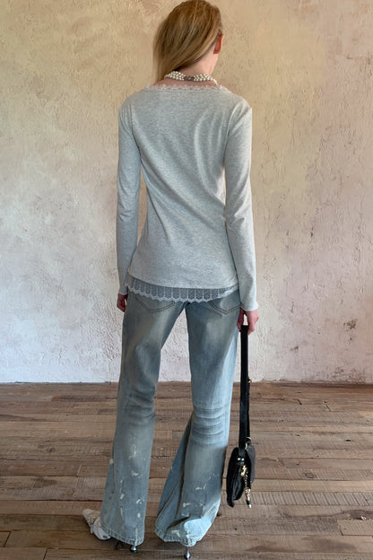 Washed Ink-Splashed Micro-Flare Jeans
