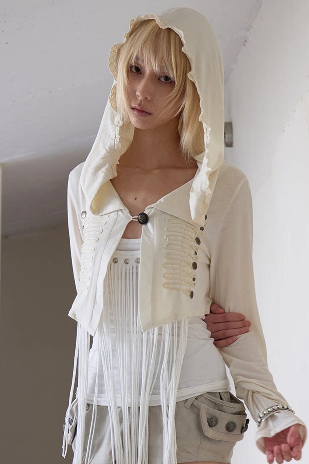 Beaded Wool Hooded Knit Cardigan