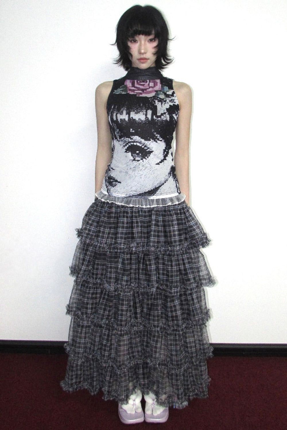 Star Plaid Mesh Cake Skirt