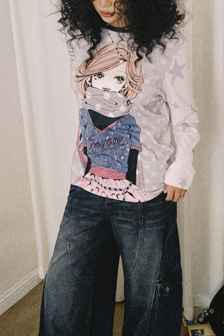 Nana-Porträt-T-Shirt mit lockerem Schnitt und asymmetrischem Colorblocking