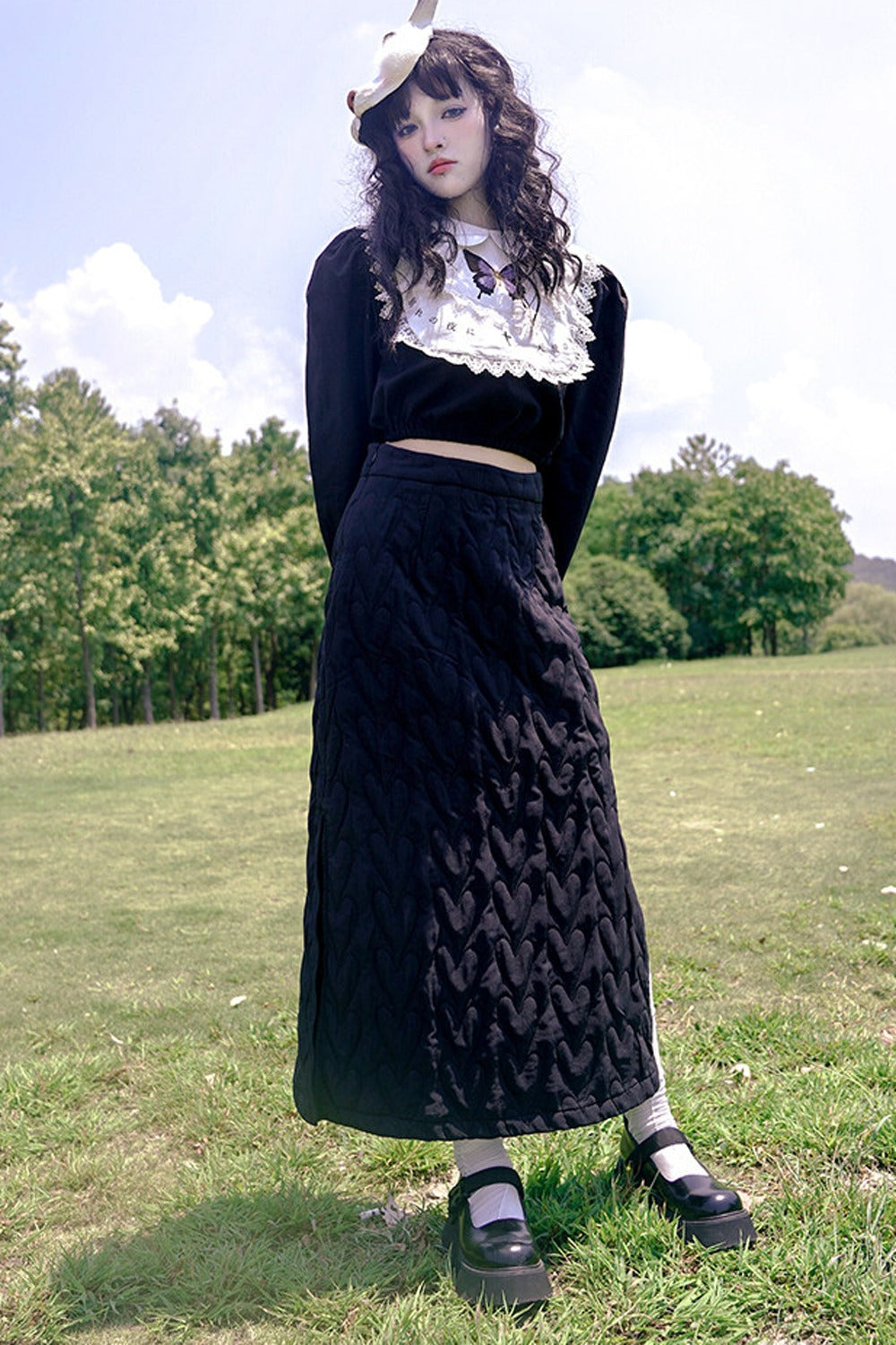 Heart Jacquard Slit Skirt