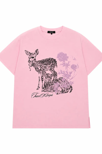 Lockeres T-Shirt mit lila Hirsch- und Blumenmuster
