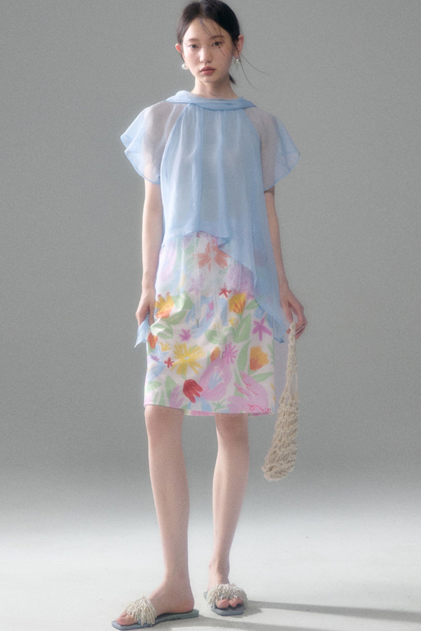 Sheer Blue Lace Ribbon Short Sleeve Top