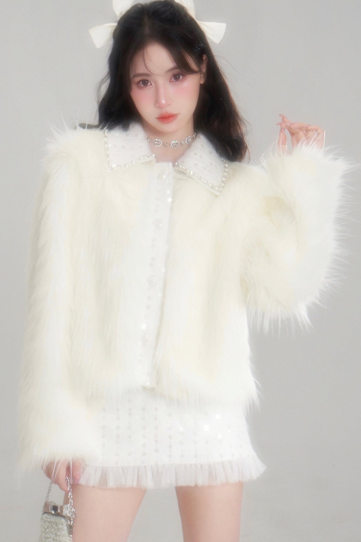 Snow Mountain Silver-White Long-Haired Fur Coat and Skirt Set-Up